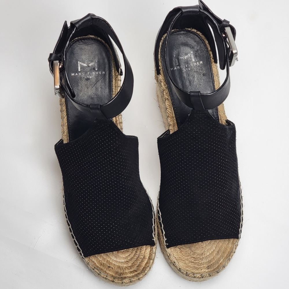 Marc Fisher MLANNIE ESPADRILLE WEDGE SANDAL, Black Leather, EUC, size 8.5 - Picture 4 of 8